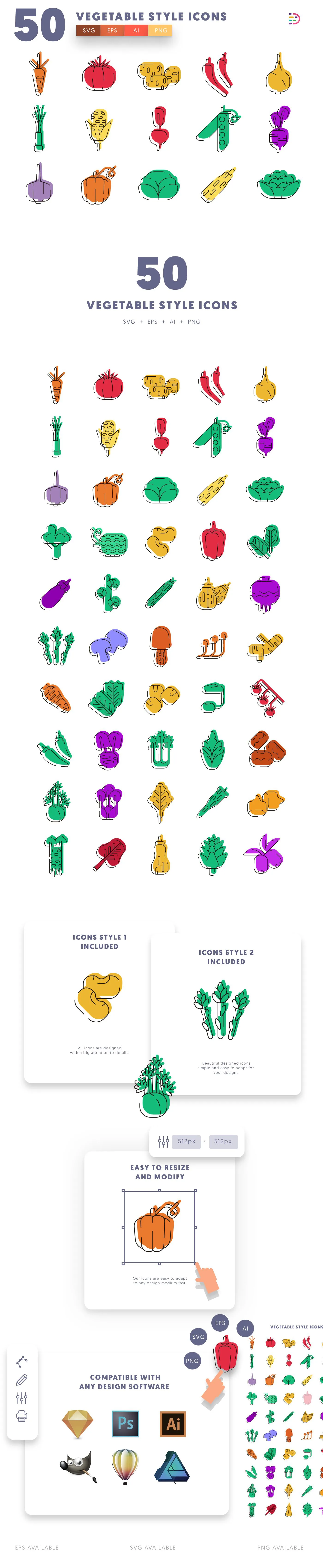 Editable vegetable style icons icon pack, easy to edit and customize icons