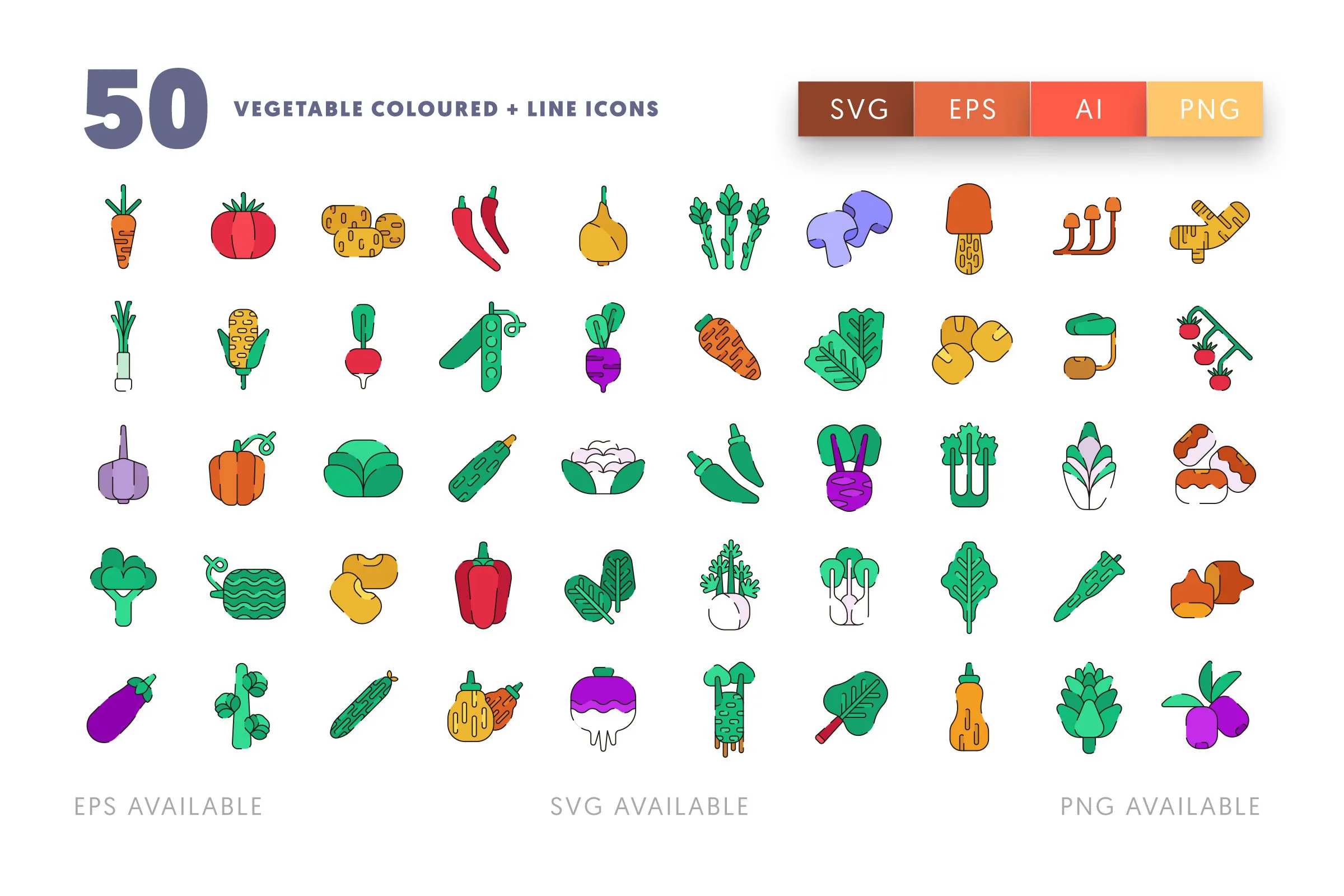 Vegetable Coloured + Lines icons png/svg/eps