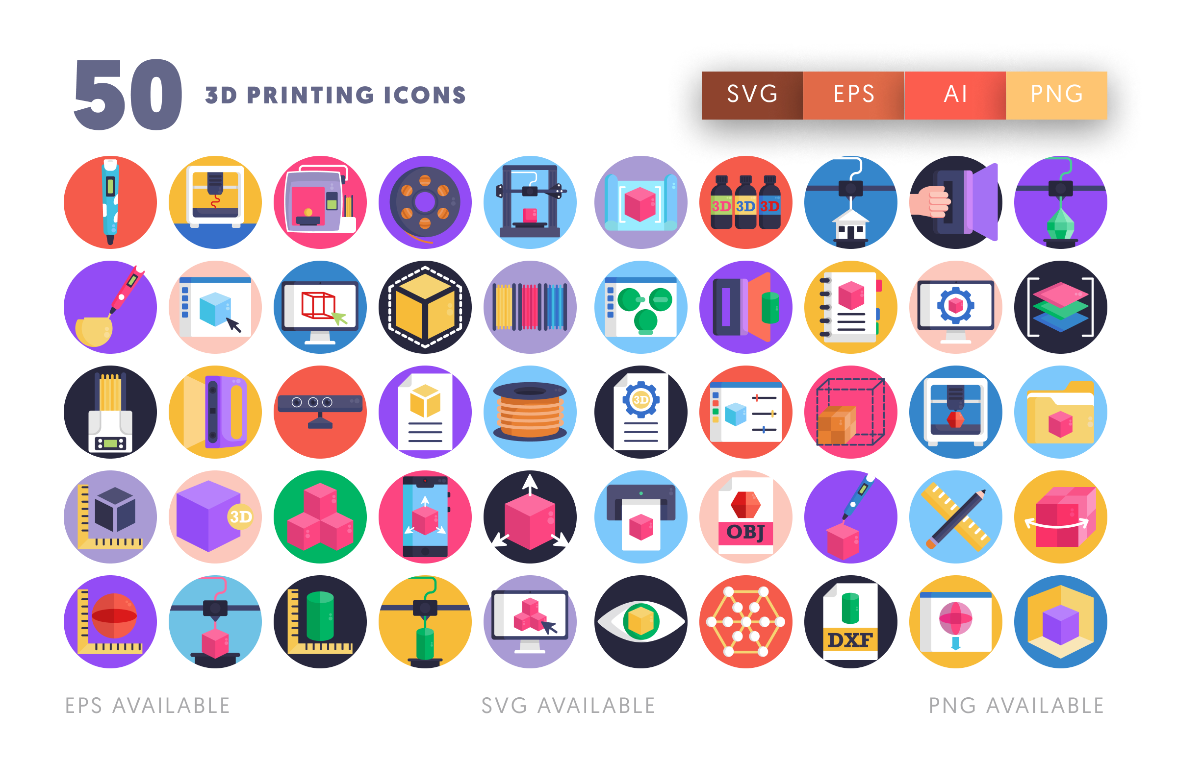 50 3D Printing Icons – flat circle icon set