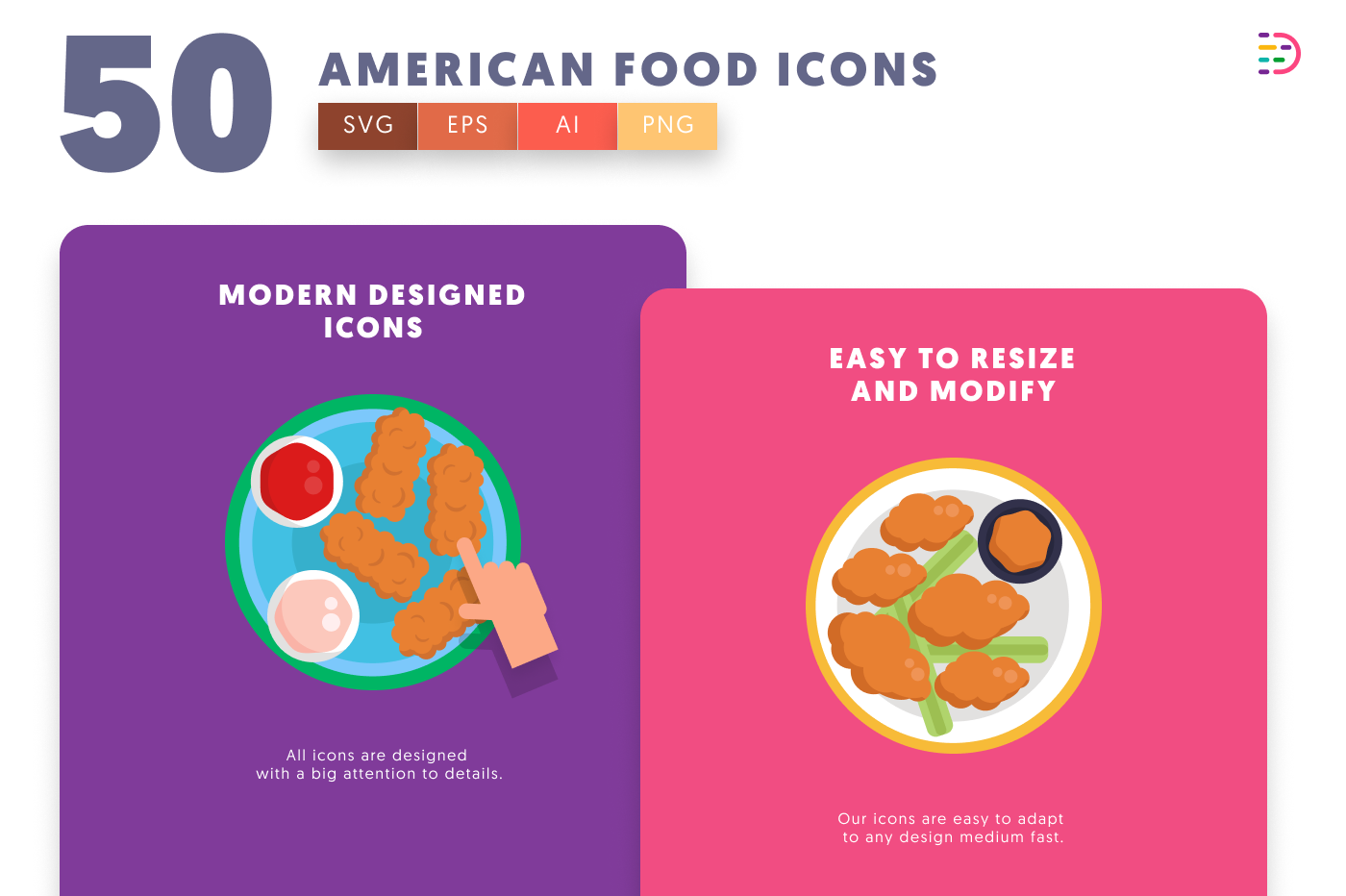50 American Food Icons cover – illustrated icons in PNG, SVG and EPS