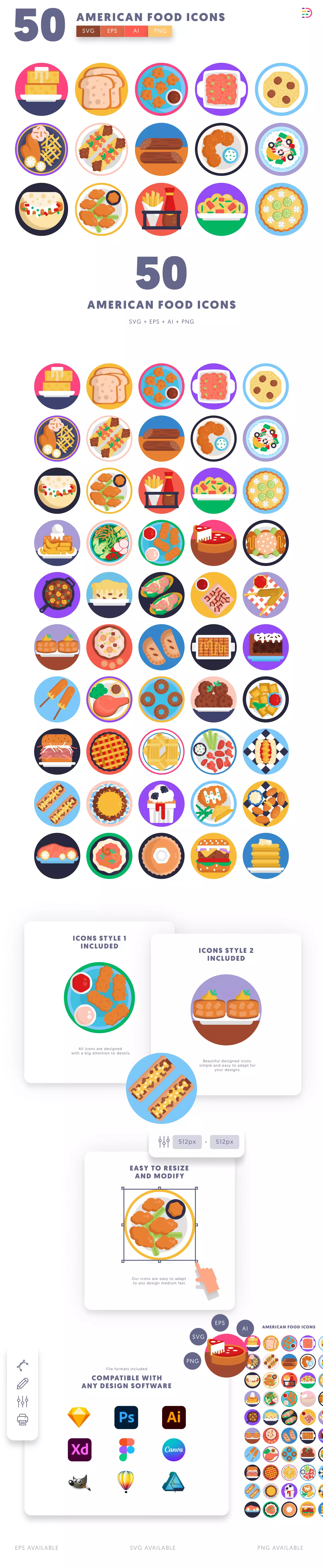 50 American Food Icons cover – illustrated icons in PNG, SVG and EPS