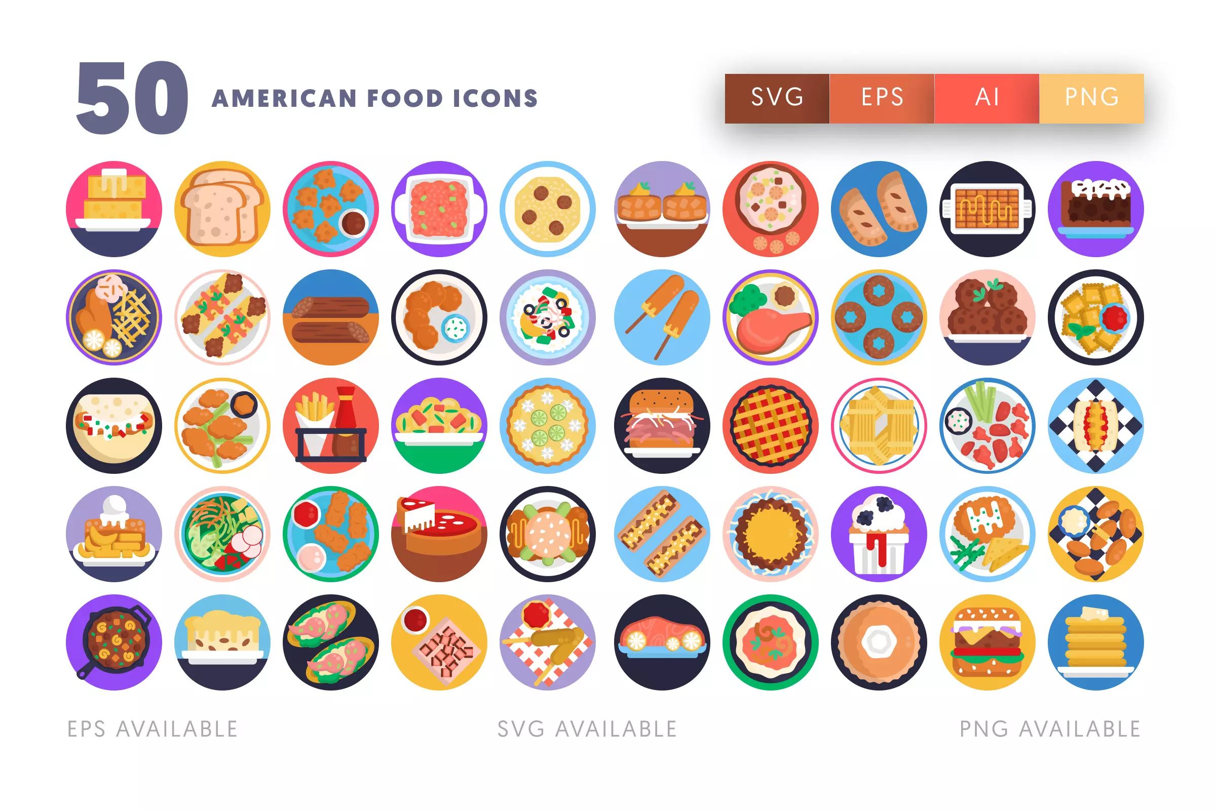 50 American Food Icons – illustrated icon set