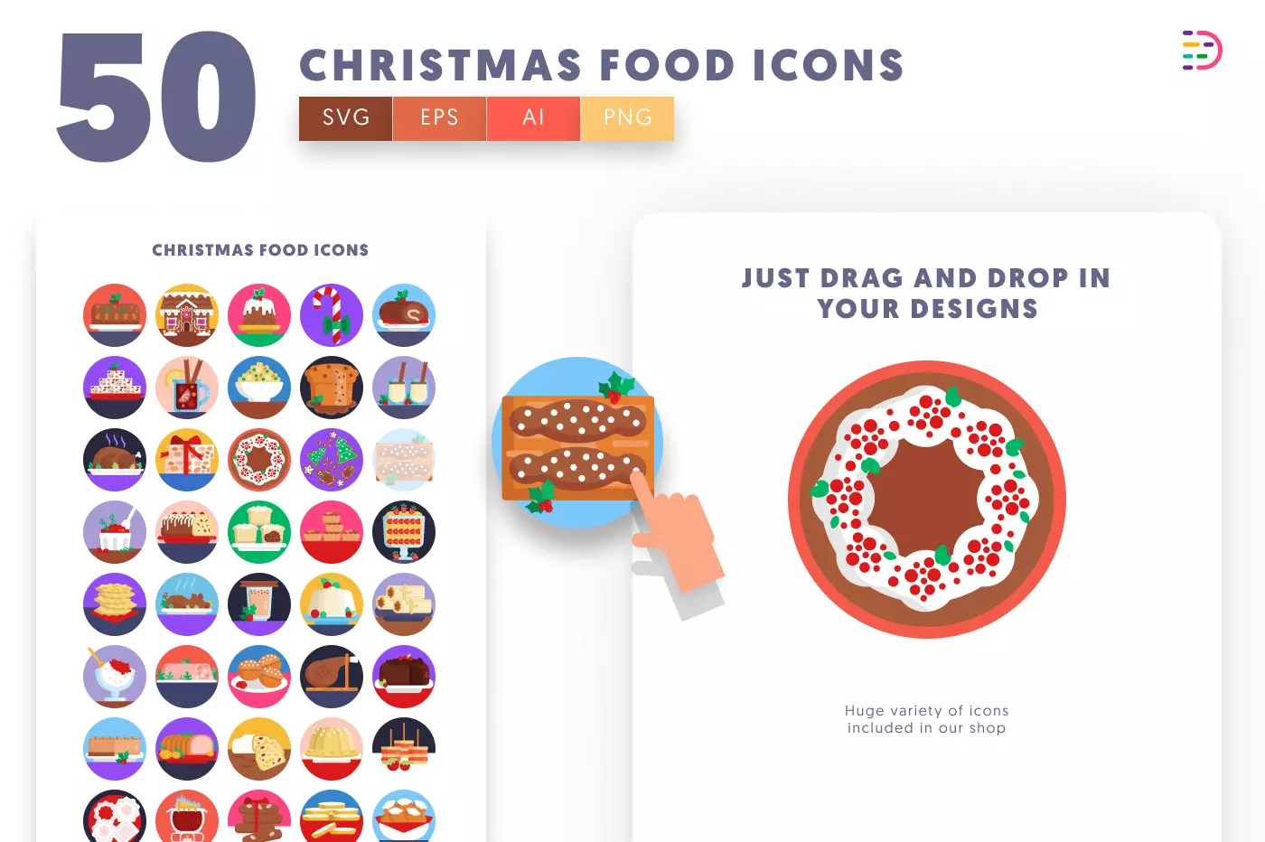 50 Christmas Food and Drinks Icons preview 1 – flat circle icons in PNG, SVG and EPS