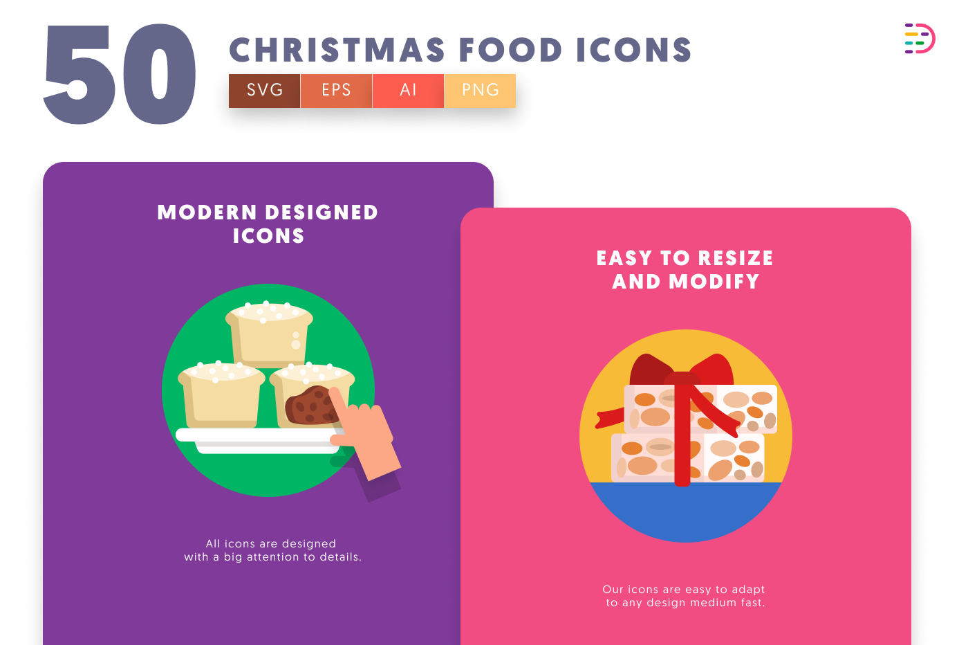 50 Christmas Food and Drinks Icons cover – flat circle icons in PNG, SVG and EPS