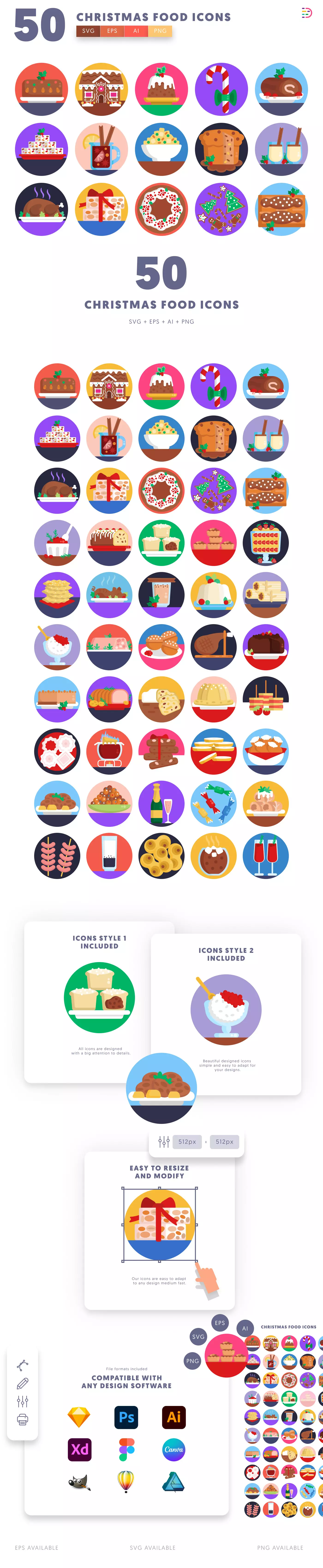 50 Christmas Food and Drinks Icons cover – flat circle icons in PNG, SVG and EPS