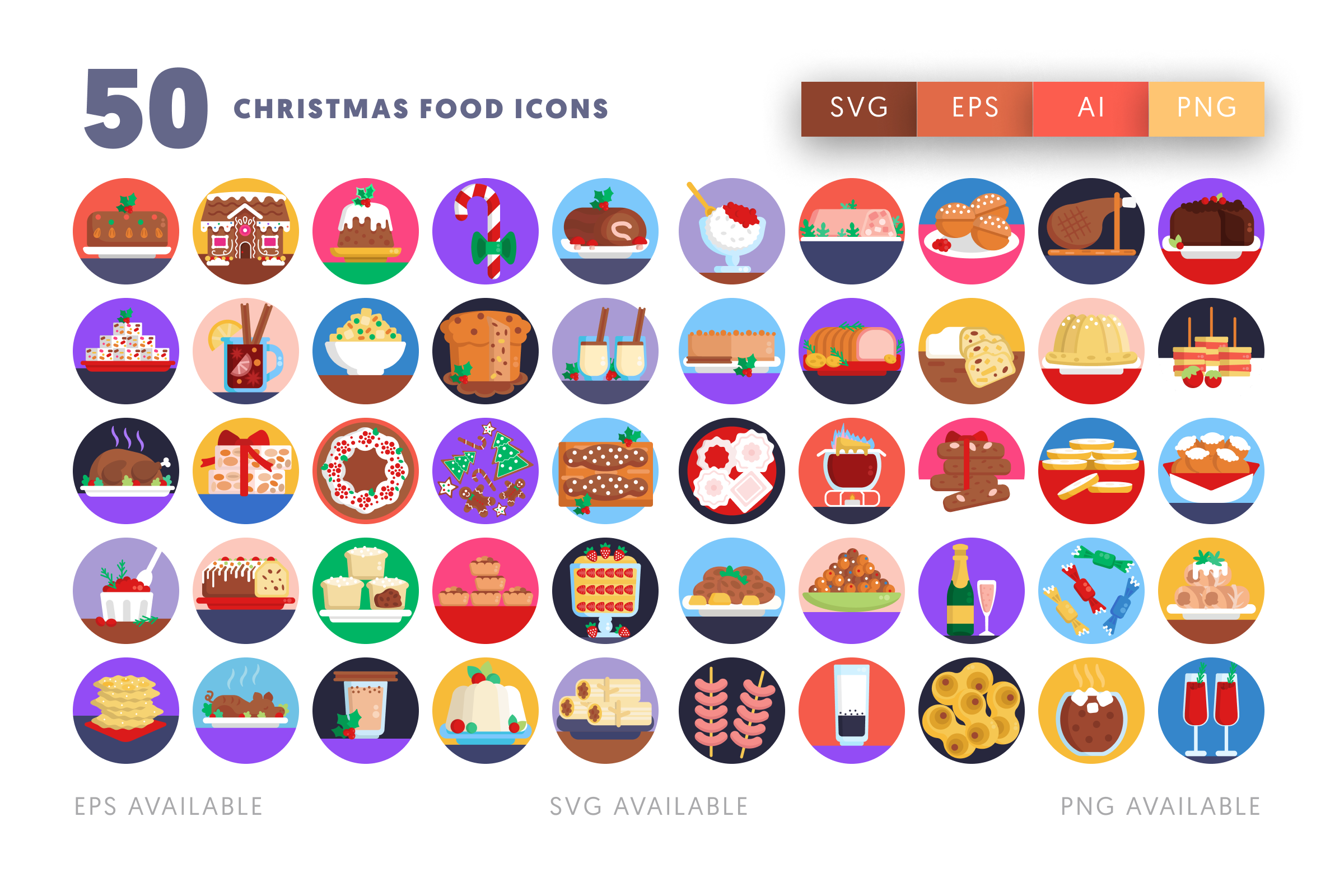 50 Christmas Food and Drinks Icons – flat circle icon set