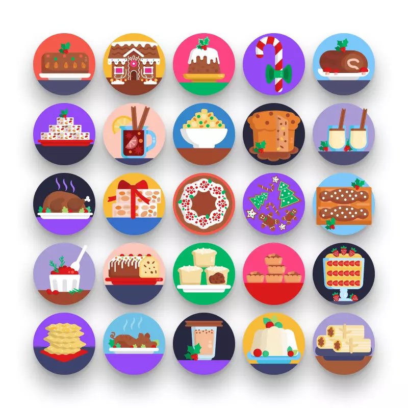 50 Christmas Food and Drinks Icons – set of colorful flat circle icons