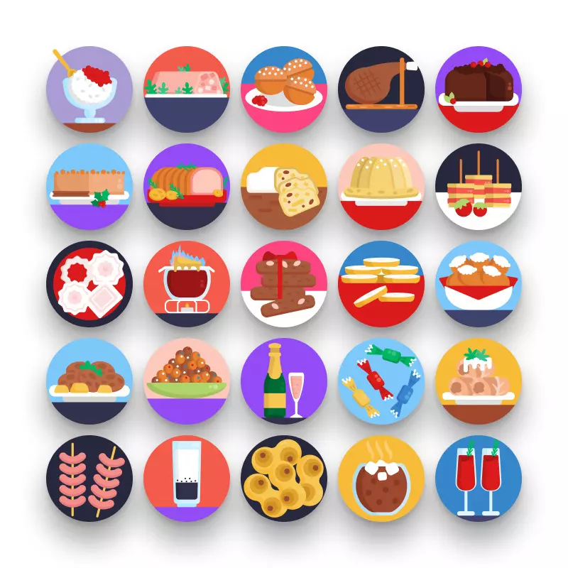 50 Christmas Food and Drinks Icons – set of colorful flat circle icons