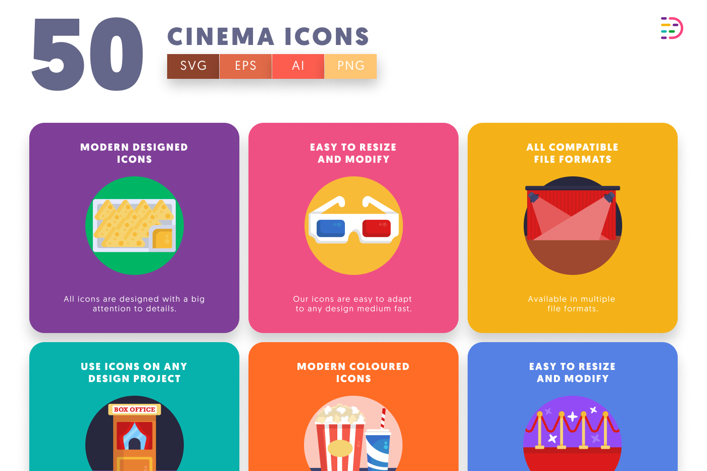 50 Cinema Icons preview 5 – flat circle icons in PNG, SVG and EPS