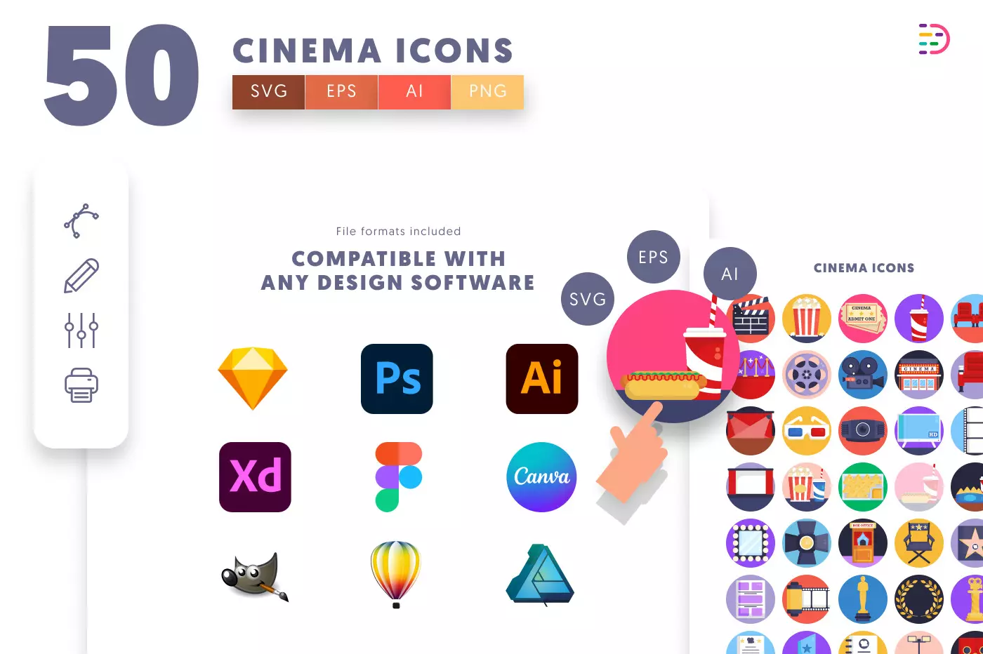 50 Cinema Icons preview 8 – flat circle icons in PNG, SVG and EPS