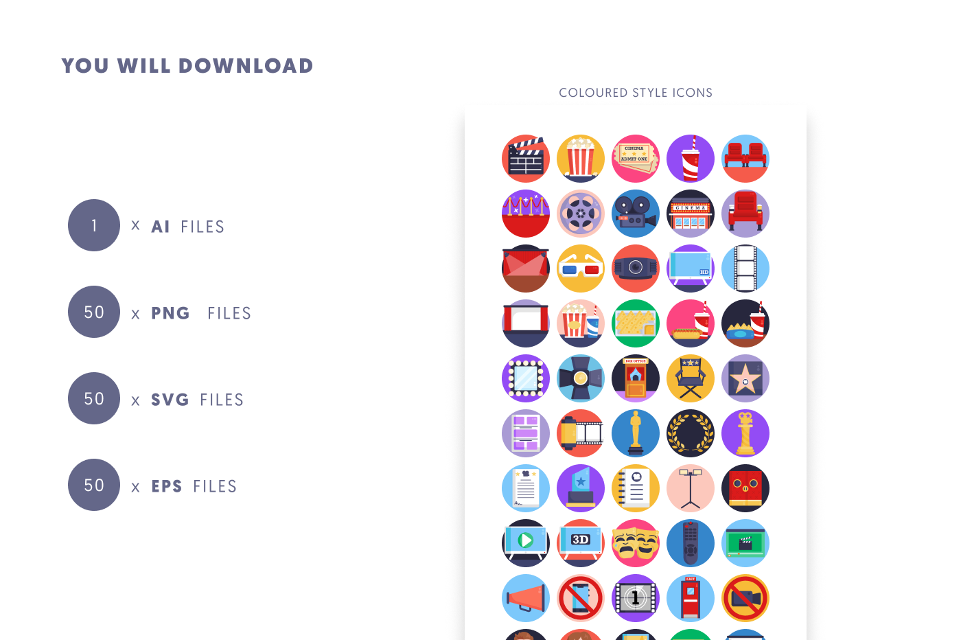 50 Cinema Icons preview 9 – flat circle icons in PNG, SVG and EPS