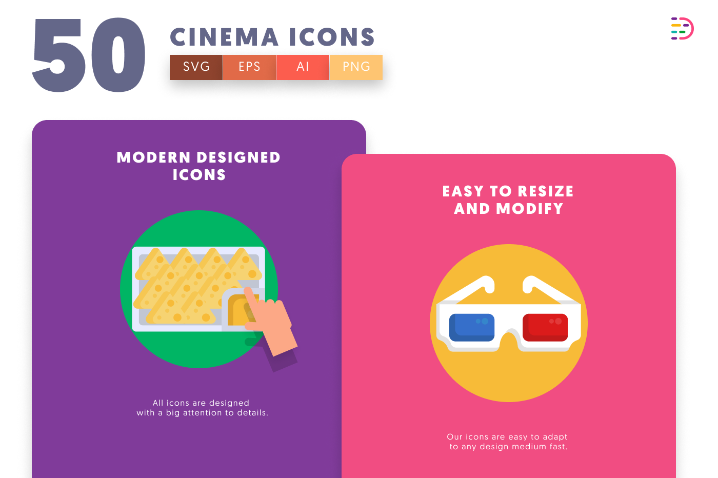 50 Cinema Icons cover – flat circle icons in PNG, SVG and EPS
