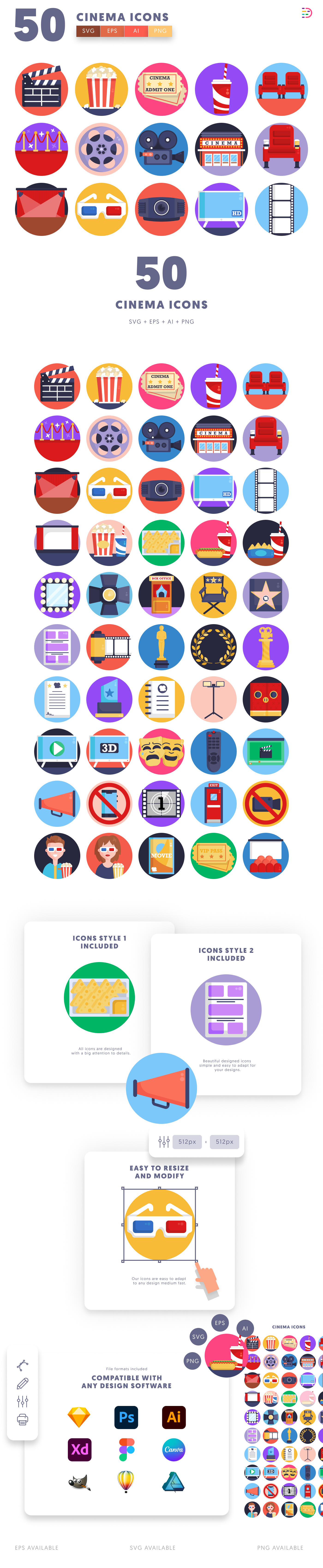 50 Cinema Icons cover – flat circle icons in PNG, SVG and EPS