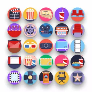 50 Cinema Icons – set of colorful flat circle icons