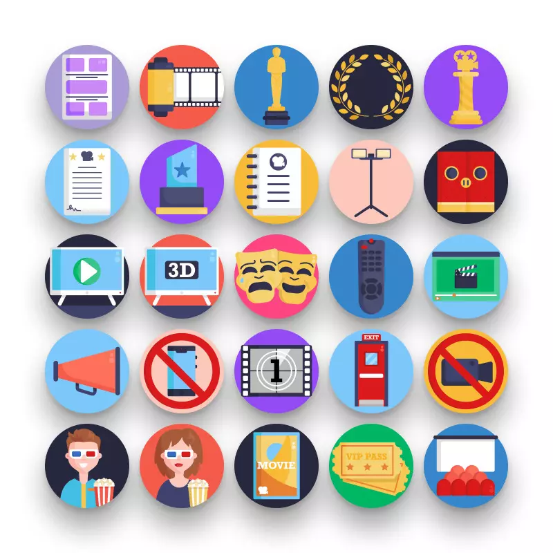 50 Cinema Icons – set of colorful flat circle icons