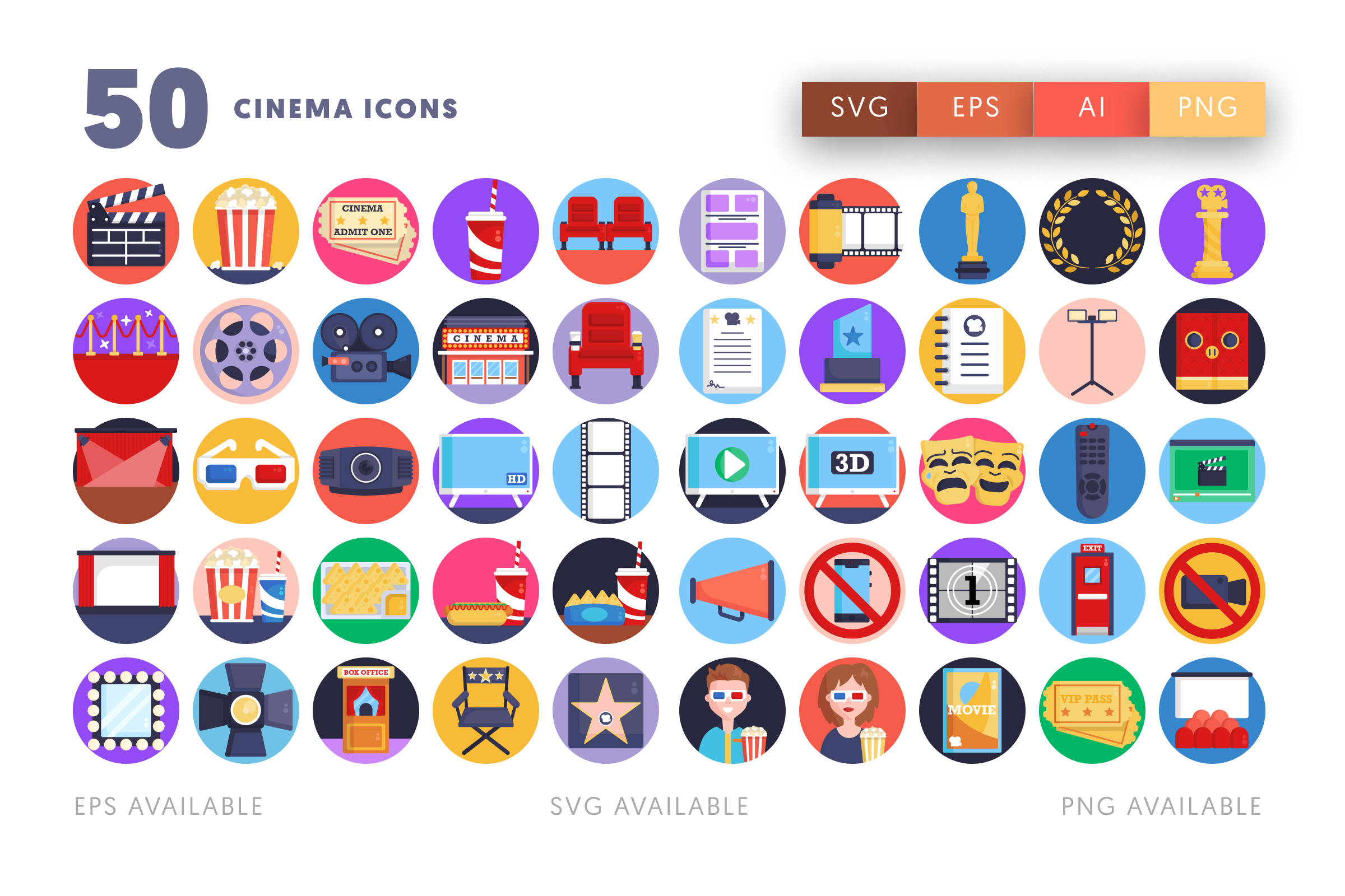 50 Cinema Icons – flat circle icon set
