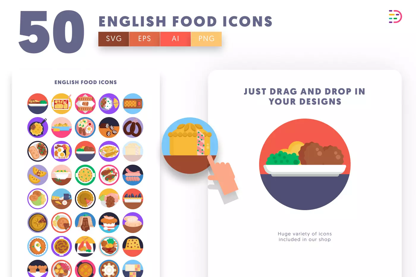 50 English Food Icons preview 1 – flat circle icons in PNG, SVG and EPS