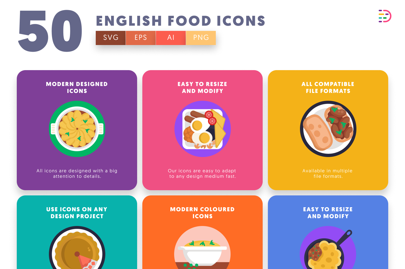 50 English Food Icons preview 5 – flat circle icons in PNG, SVG and EPS