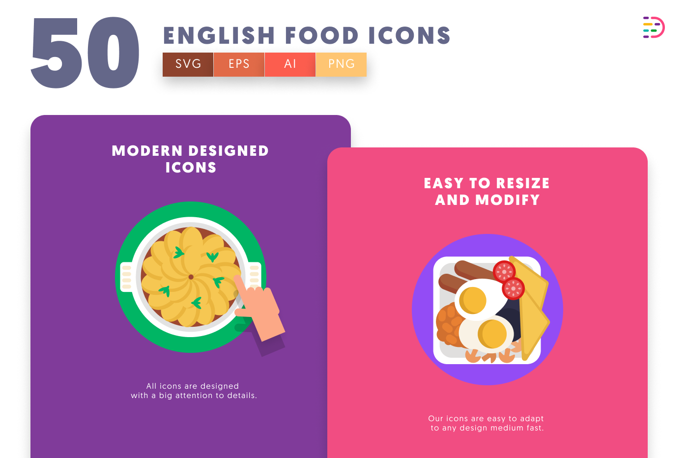 50 English Food Icons cover – flat circle icons in PNG, SVG and EPS