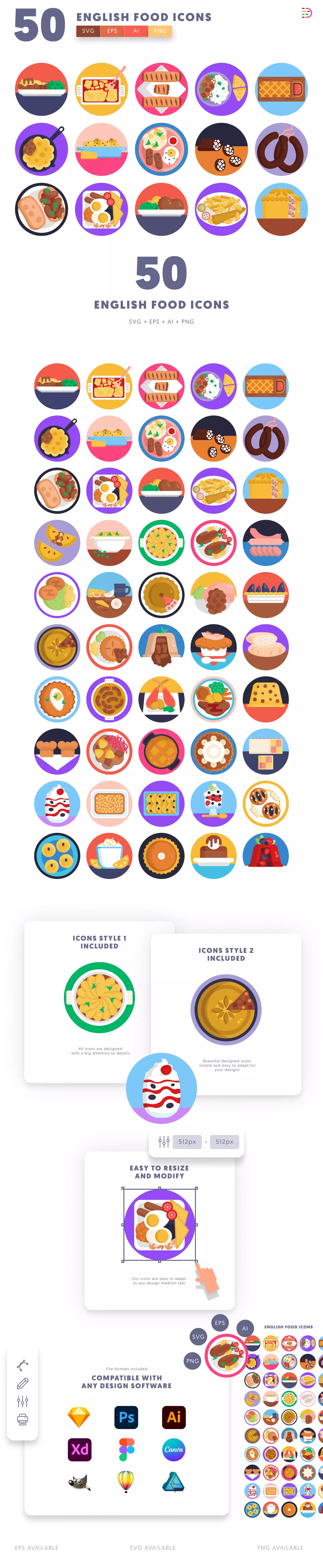 50 English Food Icons cover – flat circle icons in PNG, SVG and EPS