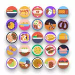 50 English Food Icons – set of colorful flat circle icons