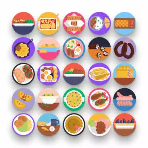 50 English Food Icons – set of colorful flat circle icons