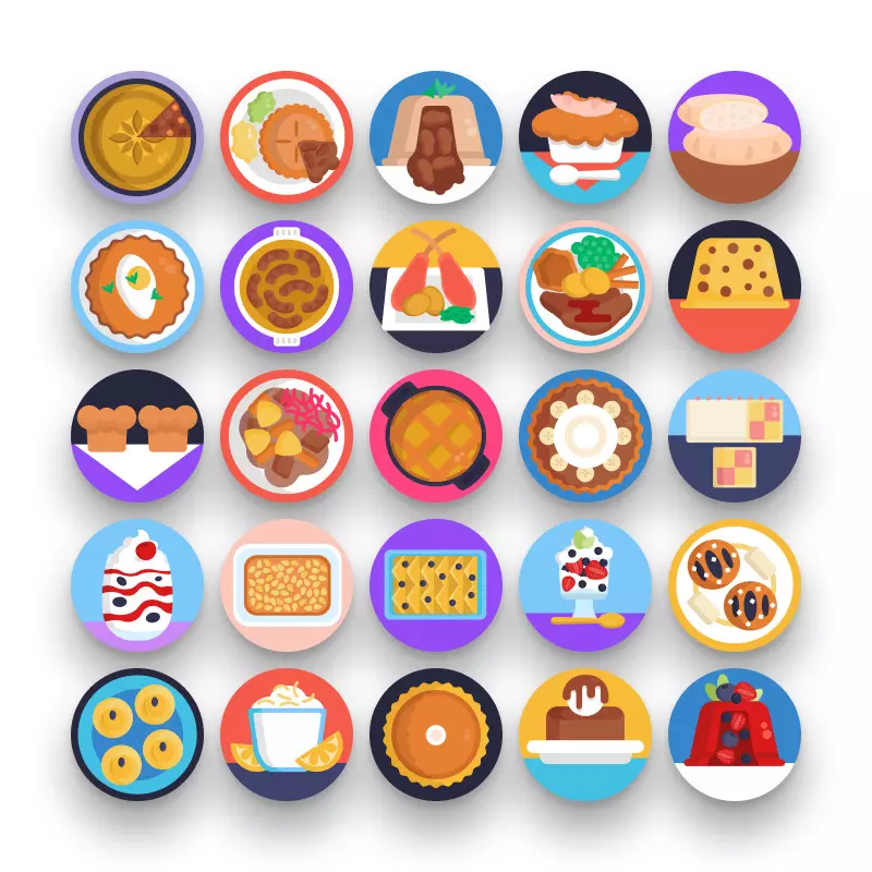 50 English Food Icons – set of colorful flat circle icons
