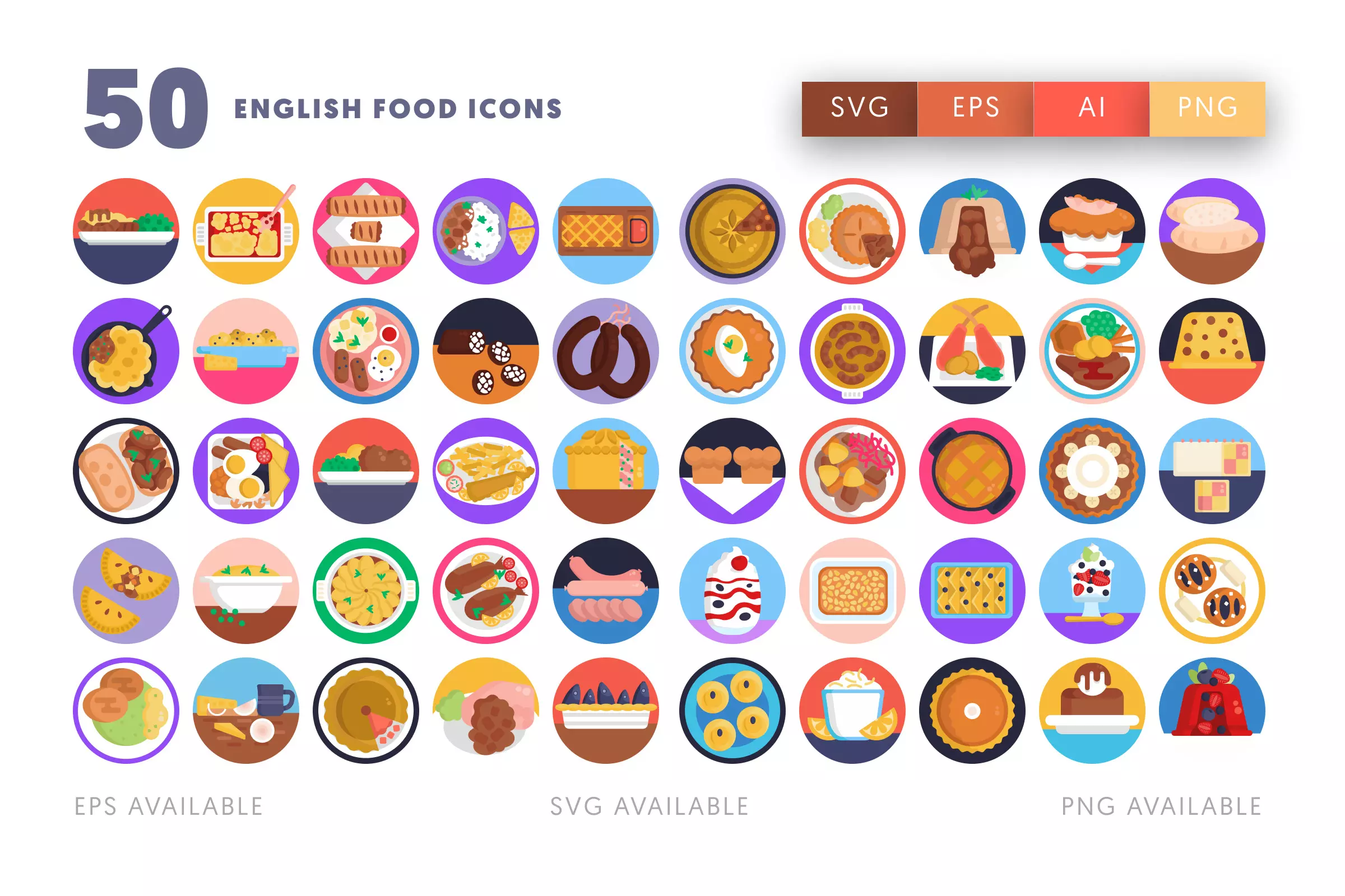 50 English Food Icons – flat circle icon set