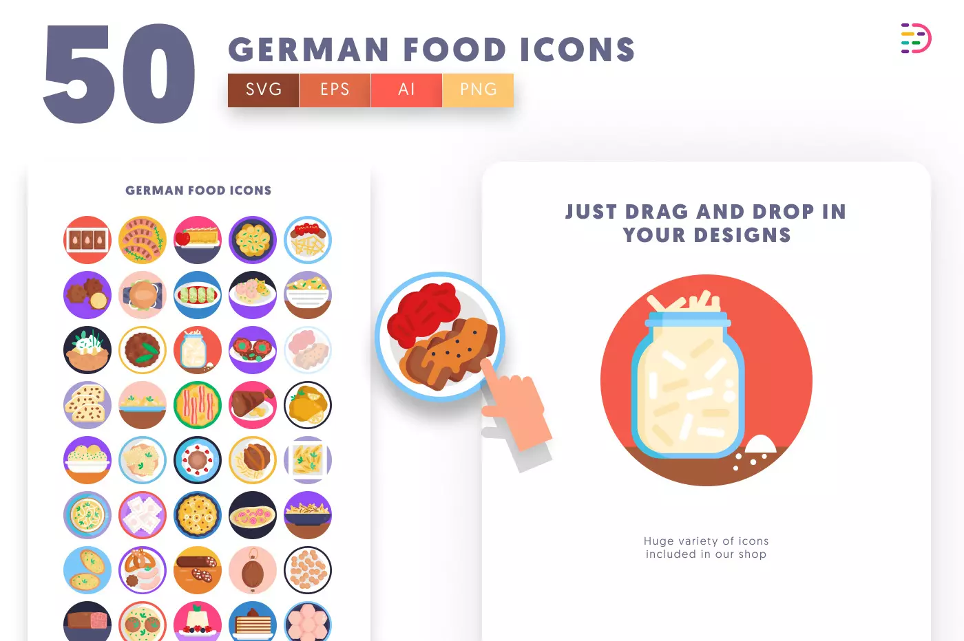 50 German Food Icons preview 1 – flat circle icons in PNG, SVG and EPS