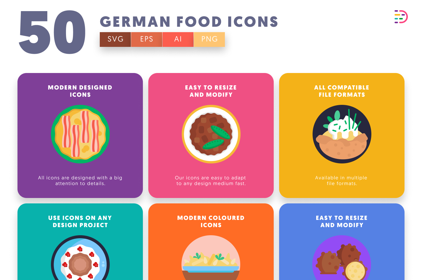 50 German Food Icons preview 5 – flat circle icons in PNG, SVG and EPS