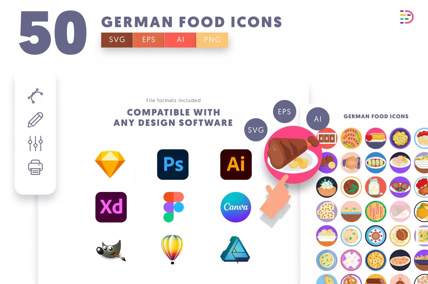 50 German Food Icons preview 8 – flat circle icons in PNG, SVG and EPS