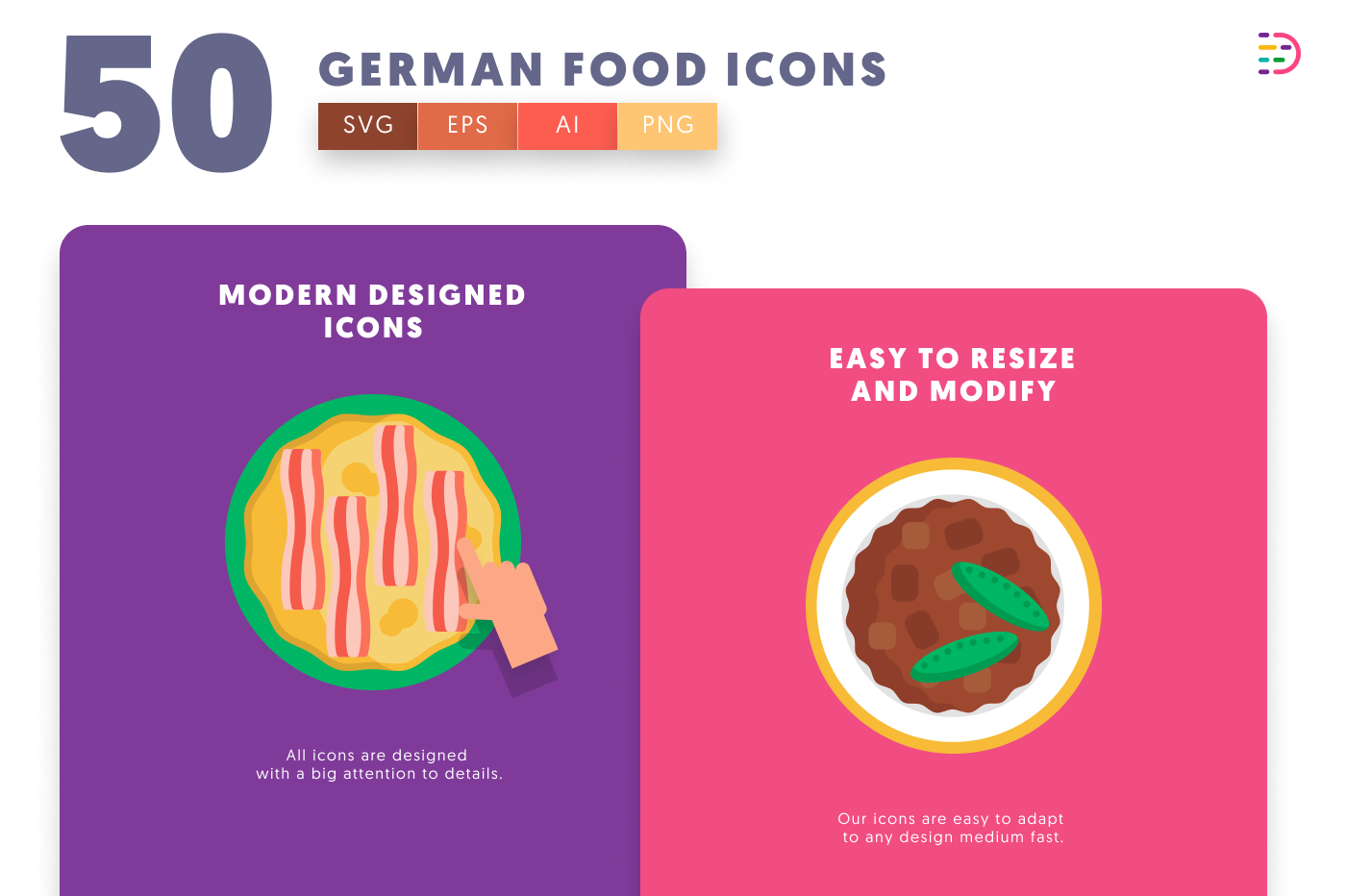 50 German Food Icons cover – flat circle icons in PNG, SVG and EPS