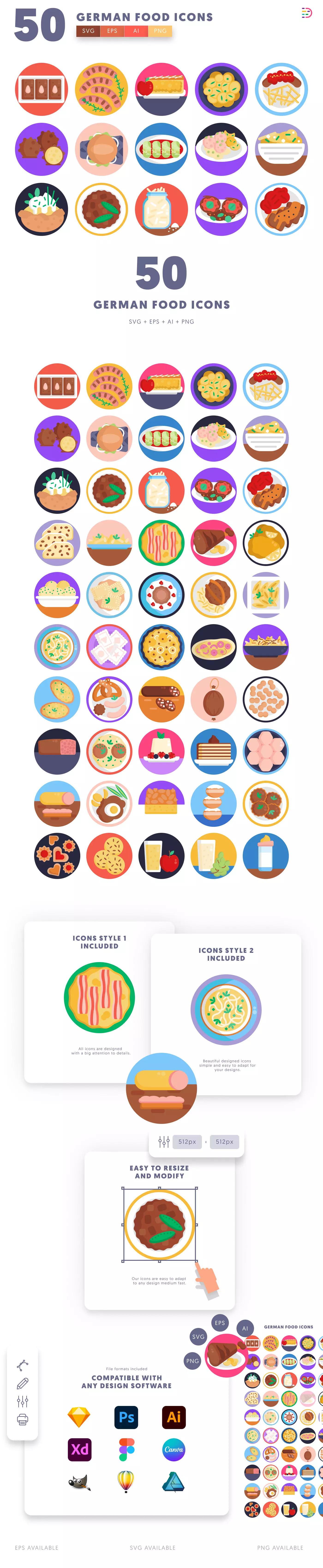 50 German Food Icons cover – flat circle icons in PNG, SVG and EPS
