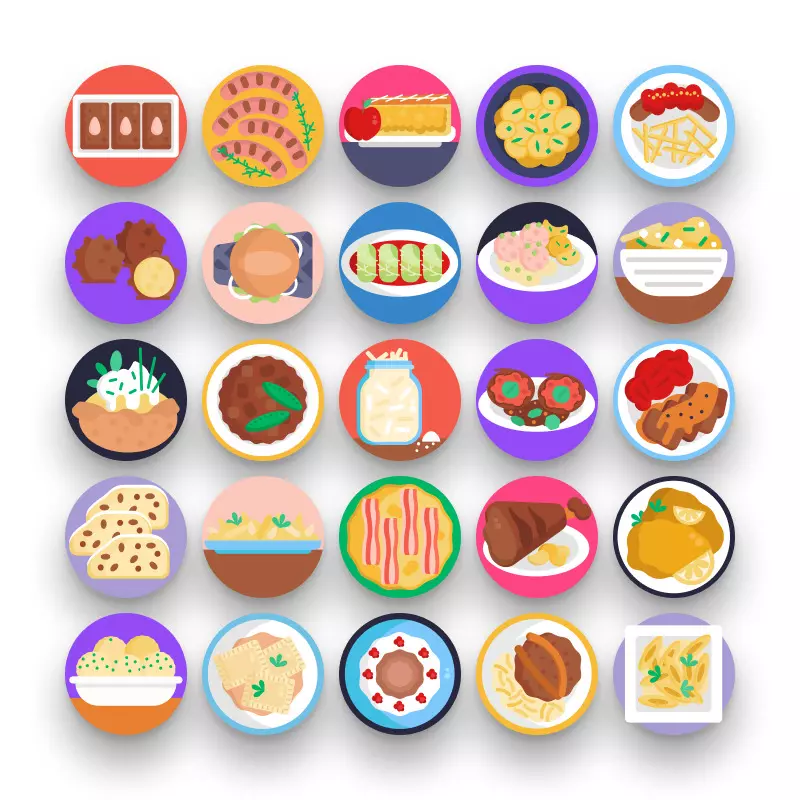 50 German Food Icons – set of colorful flat circle icons