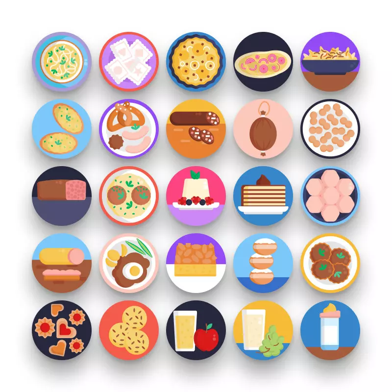 50 German Food Icons – set of colorful flat circle icons