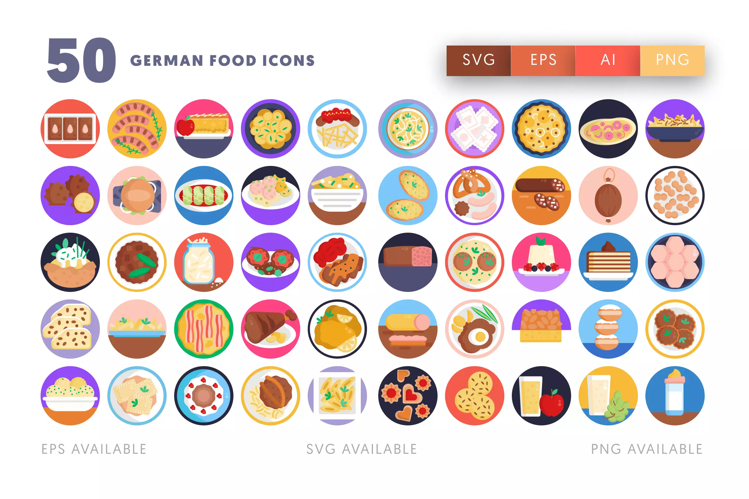 50 German Food Icons – flat circle icon set