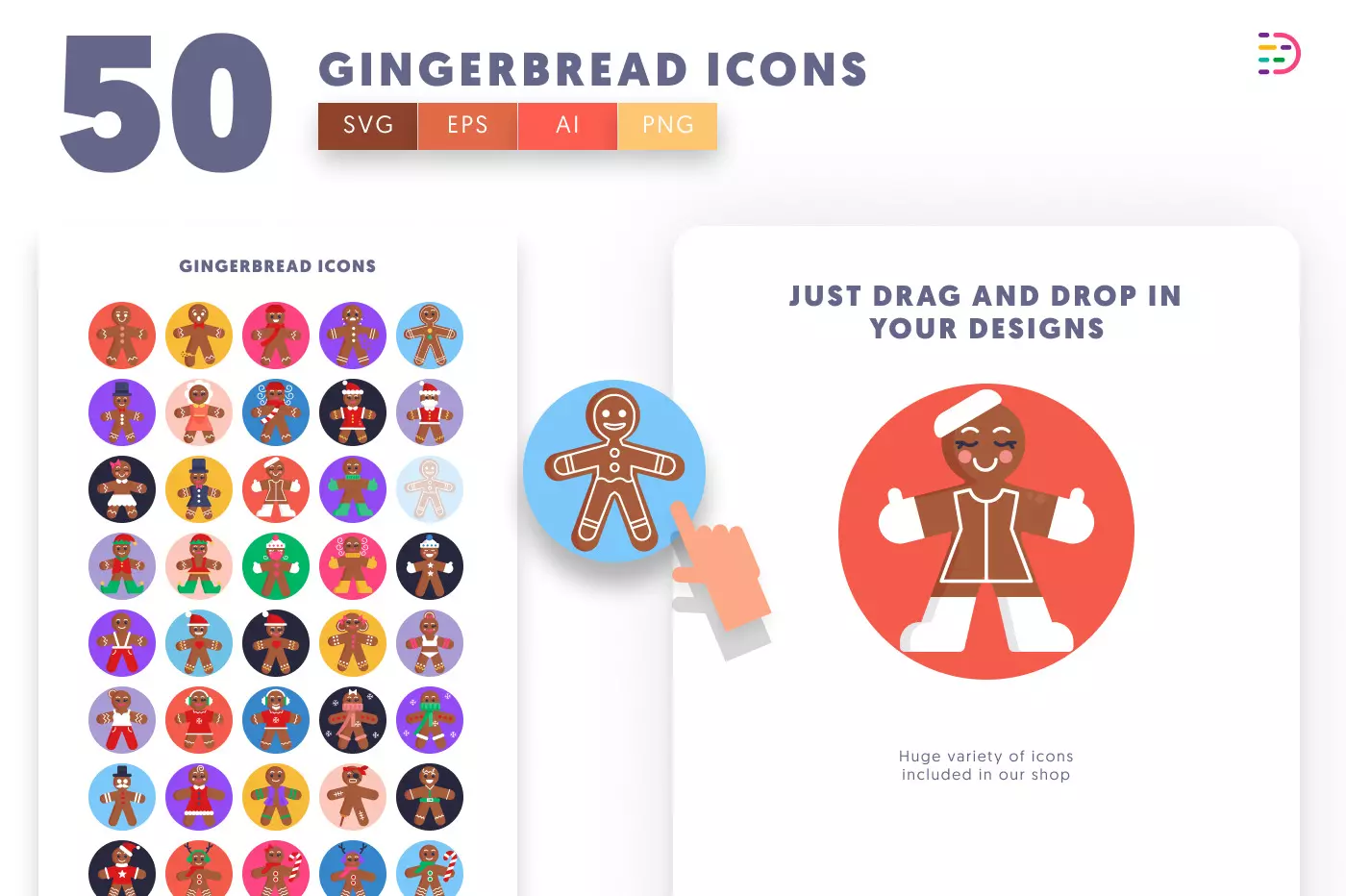 50 Gingerbread Characters Icons preview 1 – flat circle icons in PNG, SVG and EPS