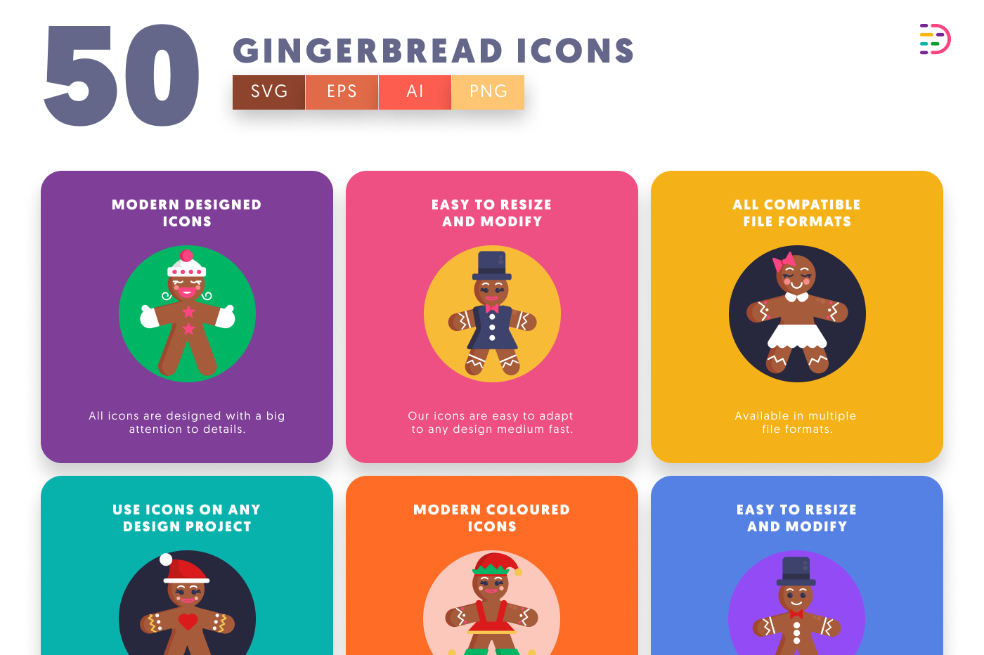 50 Gingerbread Characters Icons preview 5 – flat circle icons in PNG, SVG and EPS