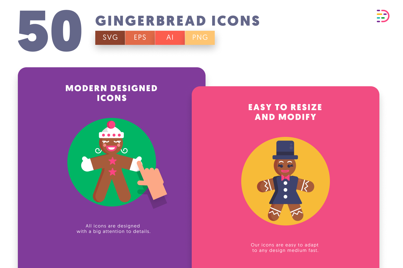 50 Gingerbread Characters Icons cover – flat circle icons in PNG, SVG and EPS
