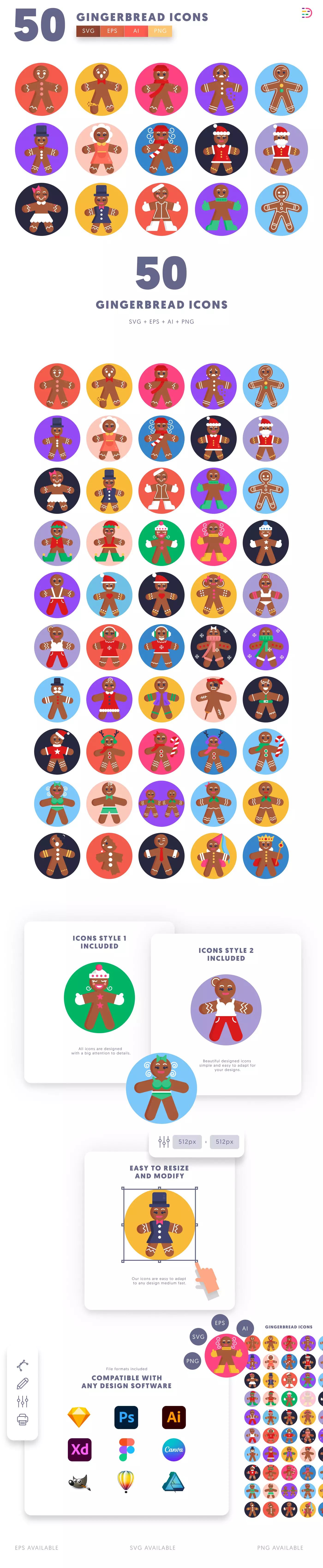 50 Gingerbread Characters Icons cover – flat circle icons in PNG, SVG and EPS
