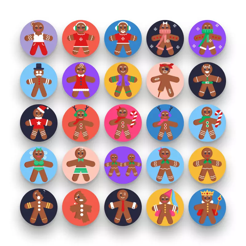 50 Gingerbread Characters Icons – set of colorful flat circle icons