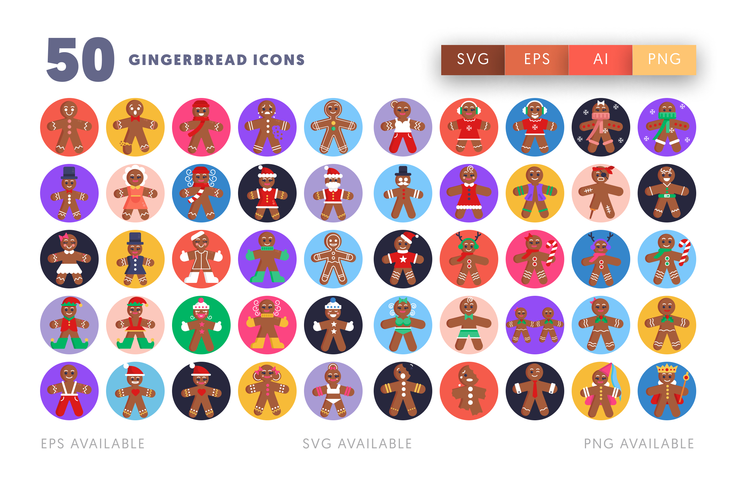50 Gingerbread Characters Icons – flat circle icon set