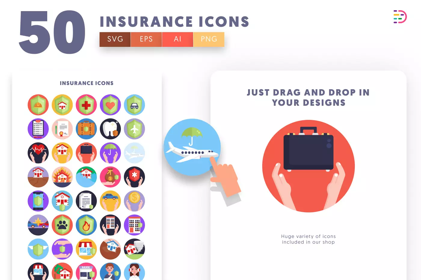 50 Insurance Icons preview 1 – illustrated icons in PNG, SVG and EPS