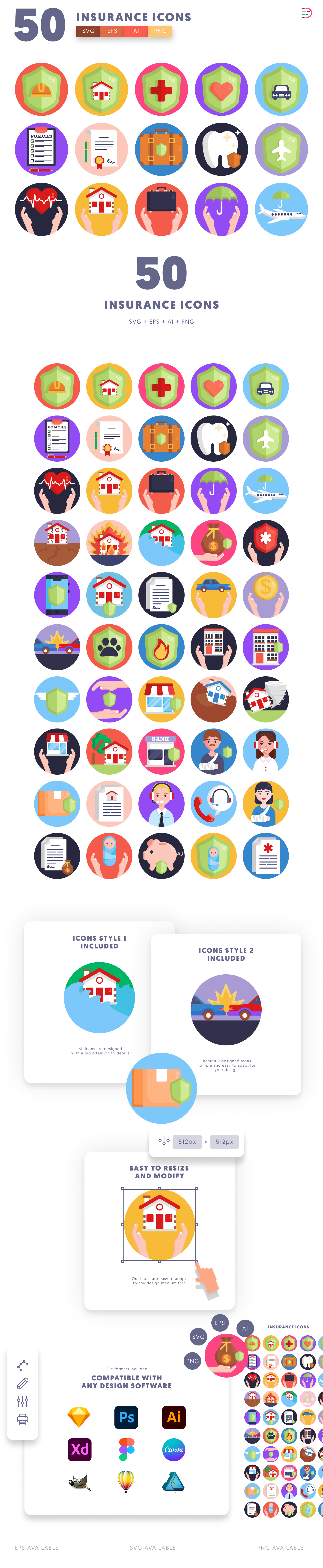 50 Insurance Icons cover – illustrated icons in PNG, SVG and EPS