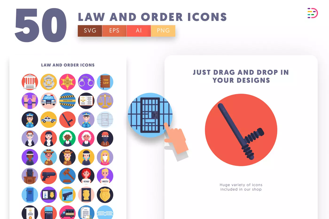 50 Law and Order Icons preview 1 – flat circle icons in PNG, SVG and EPS