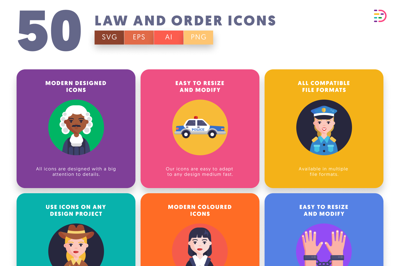 50 Law and Order Icons preview 5 – flat circle icons in PNG, SVG and EPS
