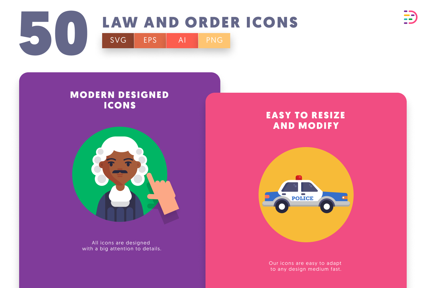 50 Law and Order Icons cover – flat circle icons in PNG, SVG and EPS