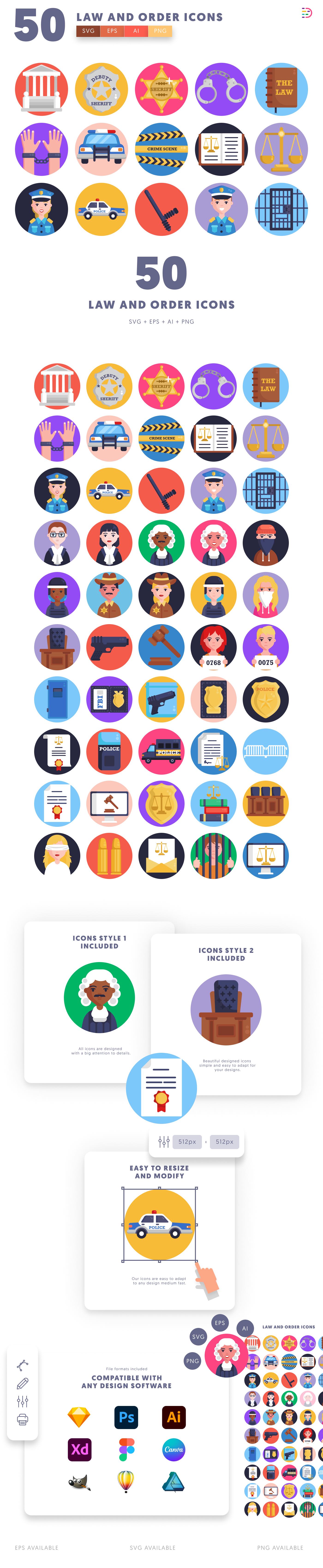 50 Law and Order Icons cover – flat circle icons in PNG, SVG and EPS