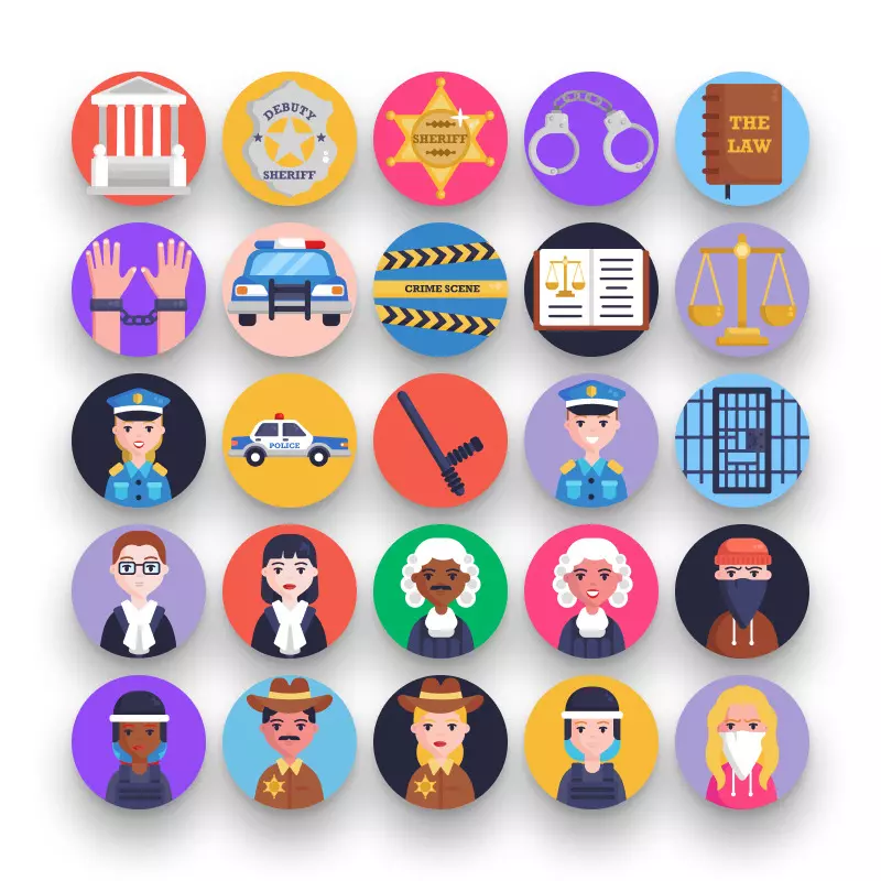 50 Law and Order Icons – set of colorful flat circle icons