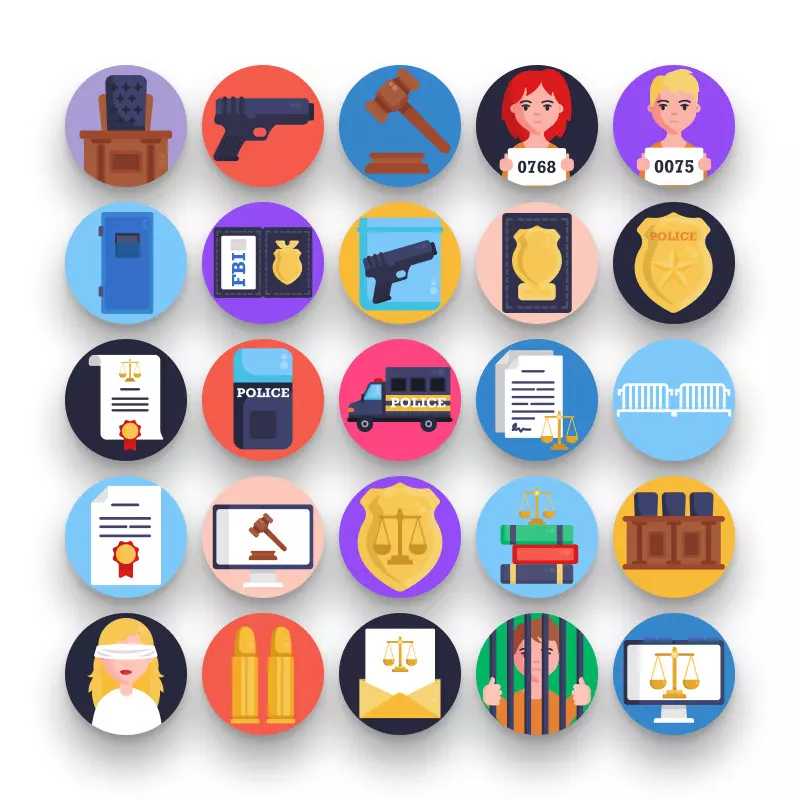 50 Law and Order Icons – set of colorful flat circle icons